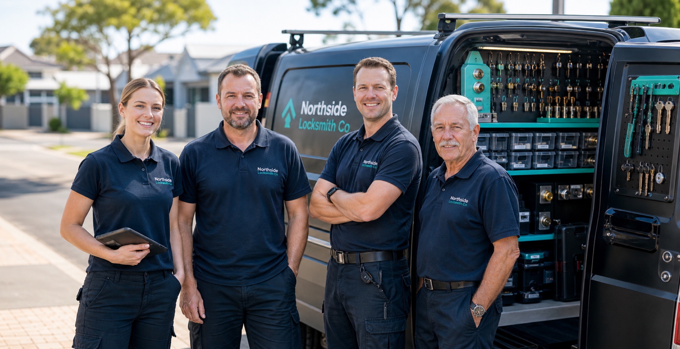 The four Northside Locksmith Co technicians in front of their fully stocked service van in Melbourne's northern suburbs